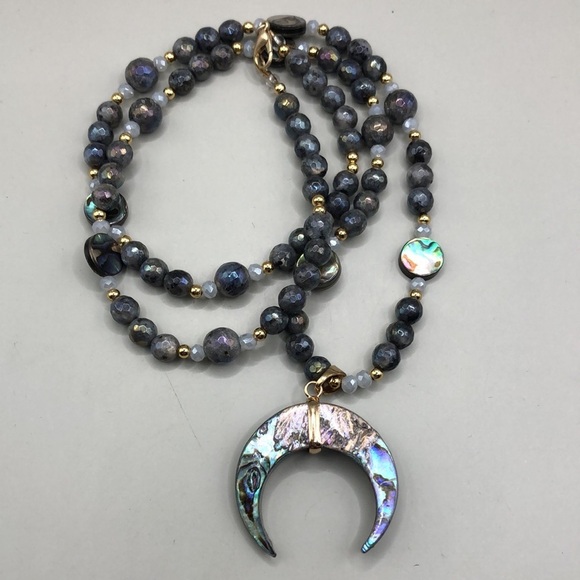 artisan Jewelry - Crescent Abalone pendant beaded with labrodarite gemstones boho statement look